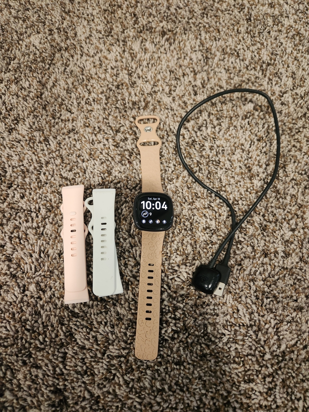 FitBit Versa 4 Watch with Rose Gold Leopard Band and Extra Straps